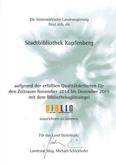 Bibliotheksguetesiegelauszeichnung BIBLIO für die Stadtbibliothek Kapfenberg